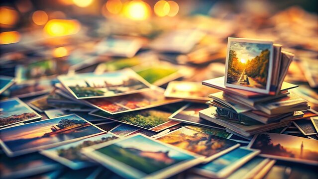 Miniature Cascade of Memories: Whimsical Tilt-Shift Photo of Stacked Vintage Photos