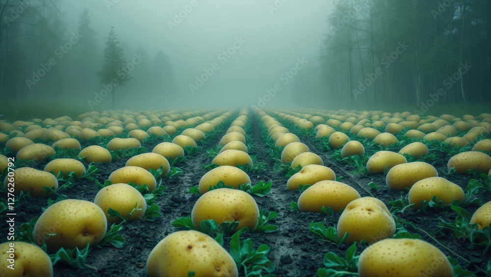 Wall mural Misty Potato Field Landscape with Yellow Potatoes and Ample Space for Text Element