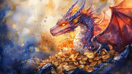 Majestic Blue And Red Dragon Amidst Fiery Gold Coins Watercolor Painting