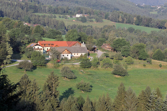 Top view of an apartment house on the slope of the Alps. Kranichberg, district of Neunkirchen in the Austrian state of Lower Austria.