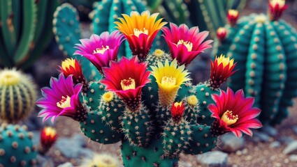 Vibrant Colored Cactus Flowers Enriching Desert Landscape with Space for Text or Message