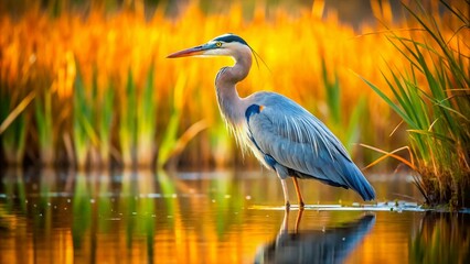 Naklejka premium Miniature Great Blue Heron in Wetland Habitat - Tilt-Shift Photography