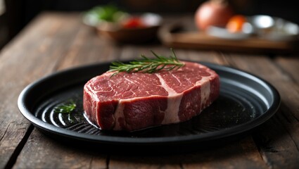 Fresh Raw Steak on Black Tray with Rosemary on Rustic Wooden Table and Blurred Background of Ingredients