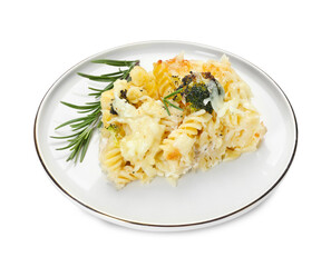 Tasty pasta casserole with cheese and broccoli isolated on white