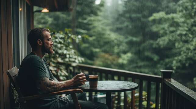 man contemplating rainy day view from porch
