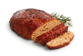 Delicious turkey meatloaf with rosemary isolated on white