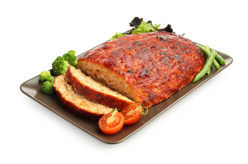 Delicious turkey meatloaf with vegetables isolated on white