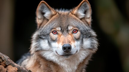 Obraz premium A striking close-up of a wolf, showcasing its intense gaze and beautiful fur, set against a dark background.