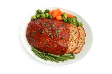 Delicious baked turkey meatloaf with vegetables isolated on white, top view