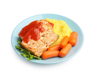 Delicious baked turkey meatloaf, mashed potato, carrots and ketchup isolated on white