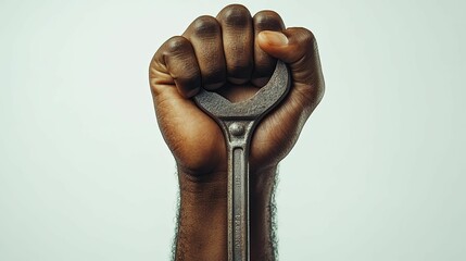 A dark hand firmly grips a weathered metal wrench
