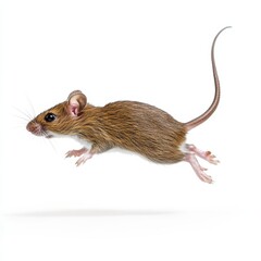 A brown mouse is running across a white background