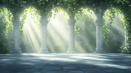 A serene, sunlit garden with stone columns entwined in lush greenery, creating a tranquil atmosphere filled with soft, radiant light.