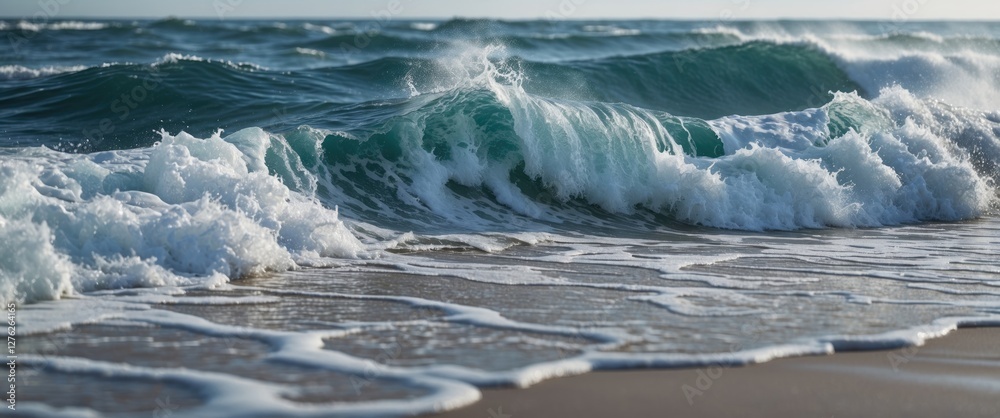 Poster dynamic ocean waves crashing on the shore with selective focus and ample copy space for text and des