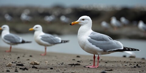 Obraz premium Seagulls on a sandy beach with blur effect in the background and empty space for text or captions.