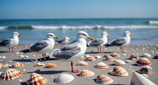 Seagulls Foraging on a Beach Spread with Colorful Sea Shells Under Clear Blue Sky and Gentle Ocean Waves