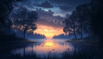 Obraz premium Twilight Magic: Serene River Landscape with Majestic Tree Reflections