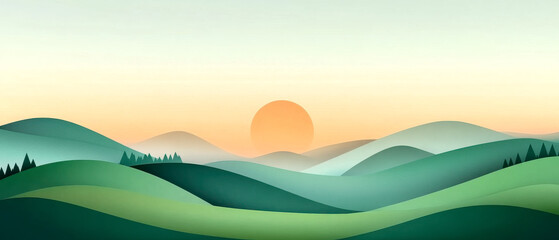 Obraz premium A serene landscape featuring rolling green hills under a soft sunrise, creating a calming and picturesque scene.