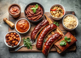 Minimalist BBQ Feast: Ribs, Sausages, Beans, Coleslaw & Sauce