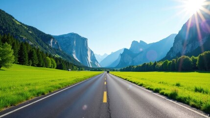 Naklejka premium A Scenic Drive Through Lush Green Meadows and Majestic Mountains on a Sunny Day
