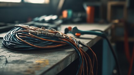 Damaged cables on a workbench. Featuring frayed insulation and exposed copper wires