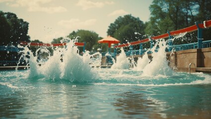 Naklejka premium Vibrant Water Splashing in Pool Scene with Open Space for Text and Relaxing Outdoor Atmosphere