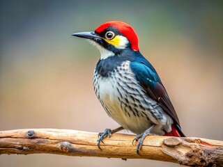 Naklejka premium Minimalist Colorful Acorn Woodpecker on Branch - Vibrant Bird Stock Photo