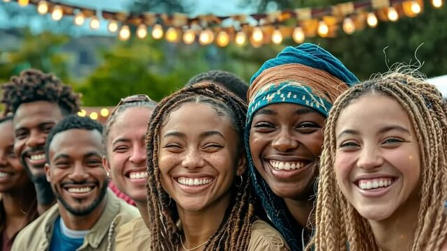 Joyful Gathering: Diverse group of friends smiling brightly, bathed in warm light, celebrating togetherness and happiness. capturing the essence of connection and belonging.