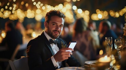 Social media rumors affecting a man at a wedding reception. Featuring distraction and discomfort