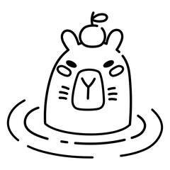 Cute Capybara Swimming in Water with Orange on Head Illustration in Doodle Style. Only Head Visible. Adorable Animal Line Art, Perfect for Children's Books, Stickers, Merchandise