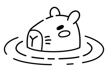 Cute Capybara Swimming in Water Illustration in Doodle Style. Only Head Visible. Adorable Animal Line Art, Perfect for Children's Books, Stickers, Merchandise, and Nature-Themed Projects