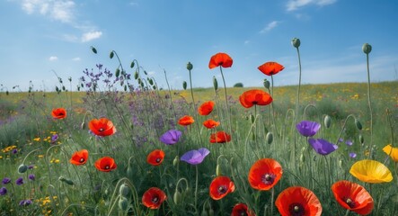Vibrant Summer Meadow Featuring Red Poppies and Colorful Wildflowers Under Clear Blue Sky Nature Background with Space for Text Overlay