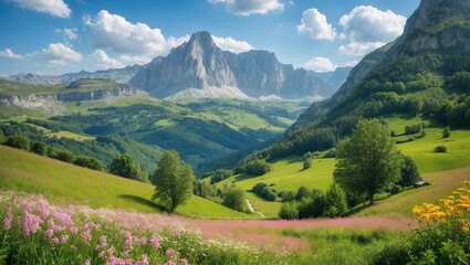 Fototapeta premium Serene Summer Landscape in the Pyrenees with Lush Green Hills and Flowers under Clear Blue Sky for Copy Space and Text Usage