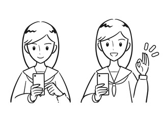 スマホを操作する　スマホを持ってOKサインをする　女子学生セット（線画）