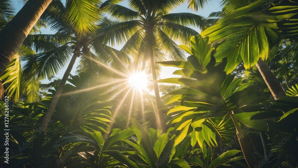 Poster sunlight filtering through tropical foliage creating a natural backdrop with space for text or graph