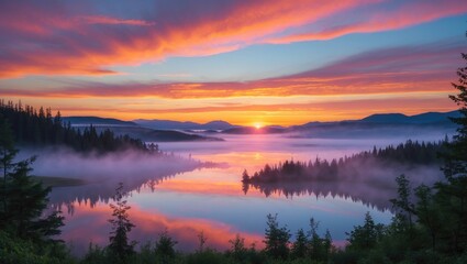 Fototapeta premium Serene Sunrise Over Tranquil Northern Lake with Mist and Colorful Sky Perfect for Text Overlay