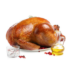 Whole baked turkey with rosemary, oil and spices isolated on white
