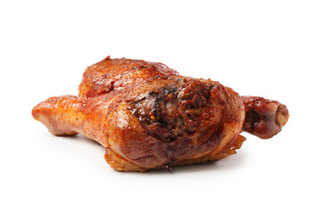 Delicious baked turkey drumsticks isolated on white
