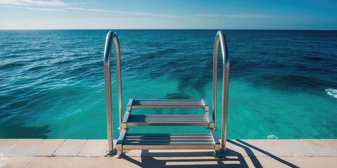 Fototapeta premium Steel Swimming Pool Ladder on Pier Overlooking Turquoise Ocean with Clear Water and Horizon Line Perfect for Summer Vacation Themes.