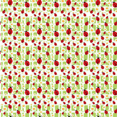 Spring Lady Bug Pattern White Daisy Flowers Green Leaves on White background Seamless Pattern