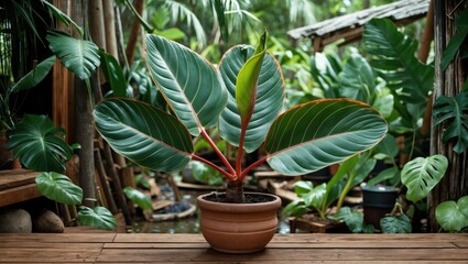 Vibrant Croton Plant in a Natural Setting with Lush Greenery and Empty Space for Text Overlay Ideal for Botanical or Interior Design Use