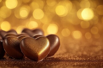 Fototapeta premium A bunch of chocolate hearts are on a table with a gold background