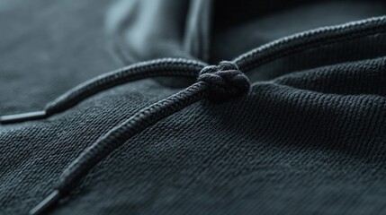 Close-up dark hoodie drawstring detail; textured fabric; studio background; apparel marketing