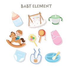 Baby element vector set in cartoon style. Baby item clipart in flat design. Baby shower concept.  Products, furniture for caring newborn baby or infant. Playing mat, bottle, straw cup, bib, pacifier