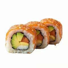 Three Japanese Sushi Rolls with Avocado and Salmon Topped with Sauce and Seeds Cuisine Art
