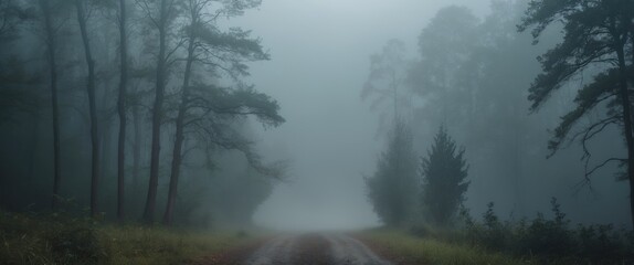 Fototapeta premium Mysterious Forest Road Shrouded in Thick Morning Fog Creating a Tranquil and Atmospheric Landscape Scene