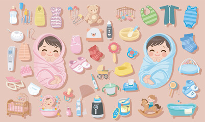 Baby elements vector set in cartoon style. Baby boy and girl items clipart in flat design. Baby shower concept. Products for caring newborn baby or infant. Flat vector set isolated.