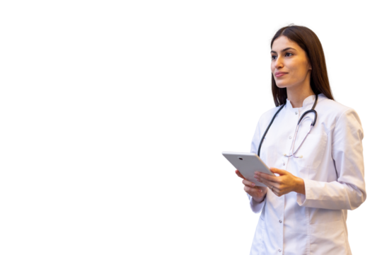 Young Latina doctor using a tablet