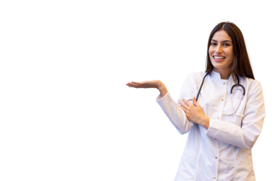 Friendly Latina doctor extending her arm to indicate something