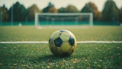 Fototapeta premium Soccer Training Ball on Lush Green Field with Goal in Background and Space for Textáž